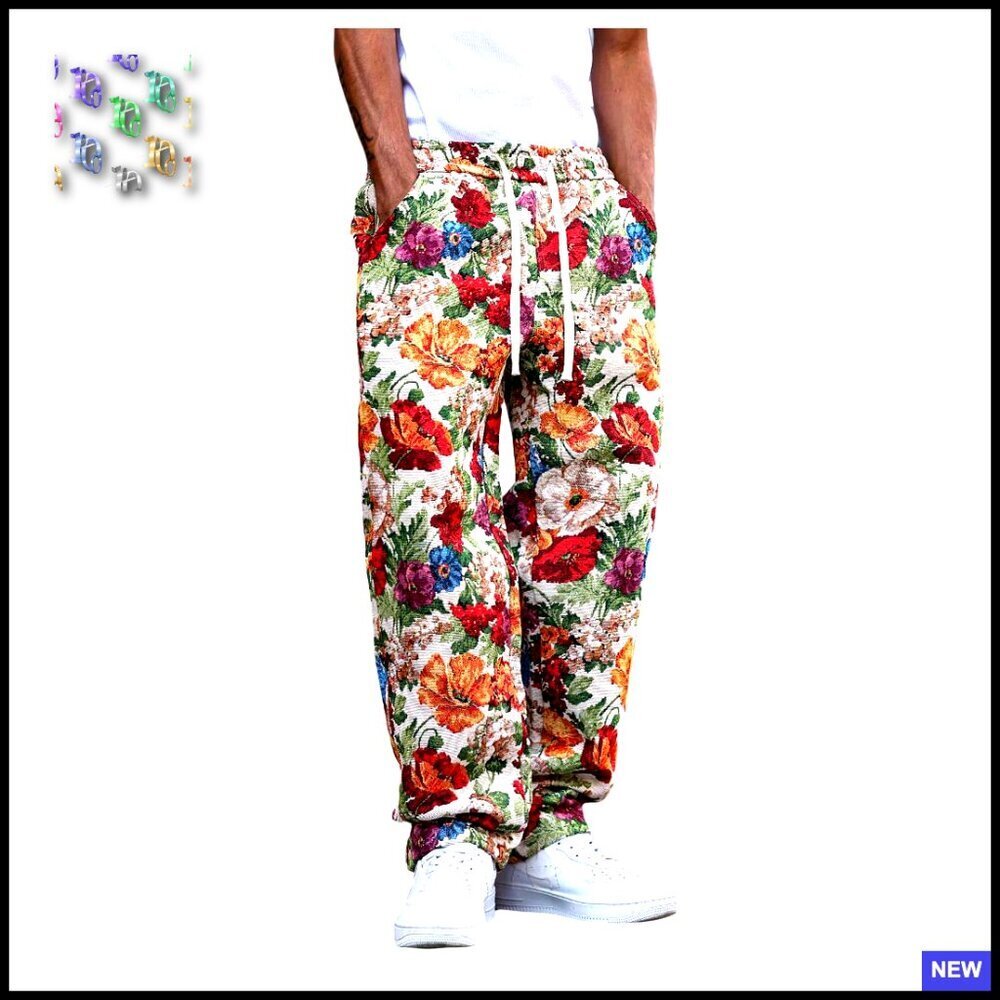 Floral Embroidery Baggy Pants Y2K Drawstring Waist Casual Street Trousers
